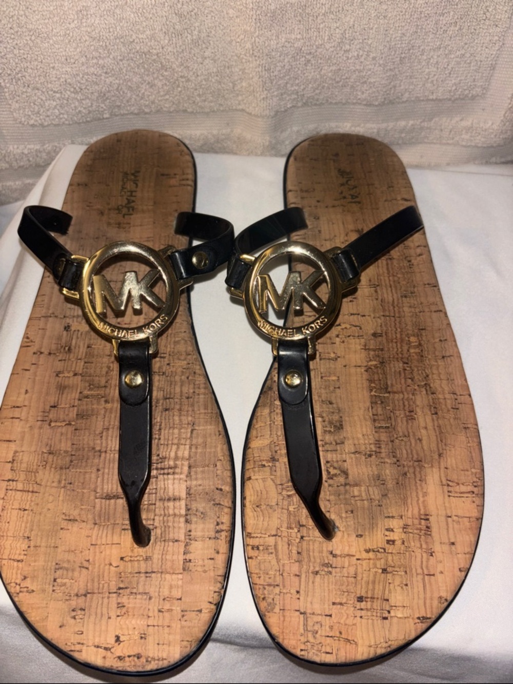 Michael Kors Black and Gold Cork Logo Thong Sandals